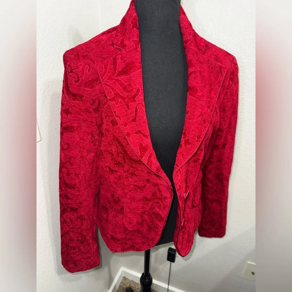 Nine & Co Red Baroque Jacquard Blazer Whimsy Goth Dark Academia Luxe-Sz‎ 14